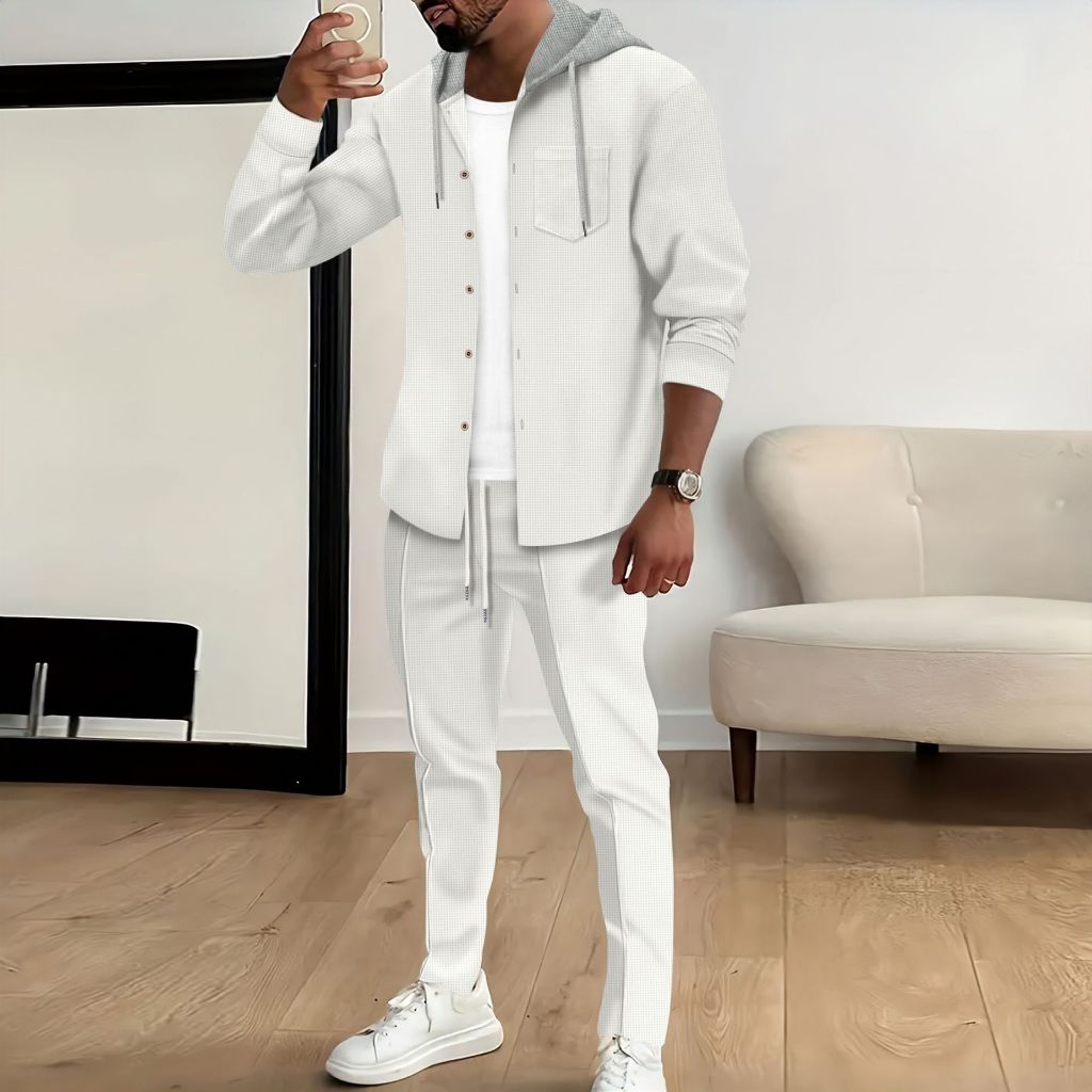 Terno Casual masculino de malha Waffle de duas peças, botão com capuz de cor contrastante, camisa de manga comprida, jaq — imagem 2 de 2