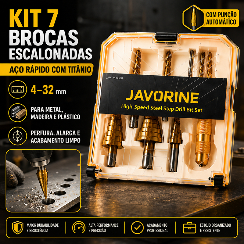 7 peças Brocas Titânio Escalonada Broca Corte Lateral Marcador Punção C/Estojo Organizador