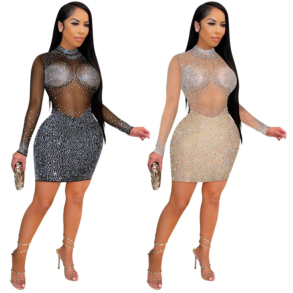 Sexy festa bola clube banquete boate quente diamante gaze transparente vestido de mangas compridas