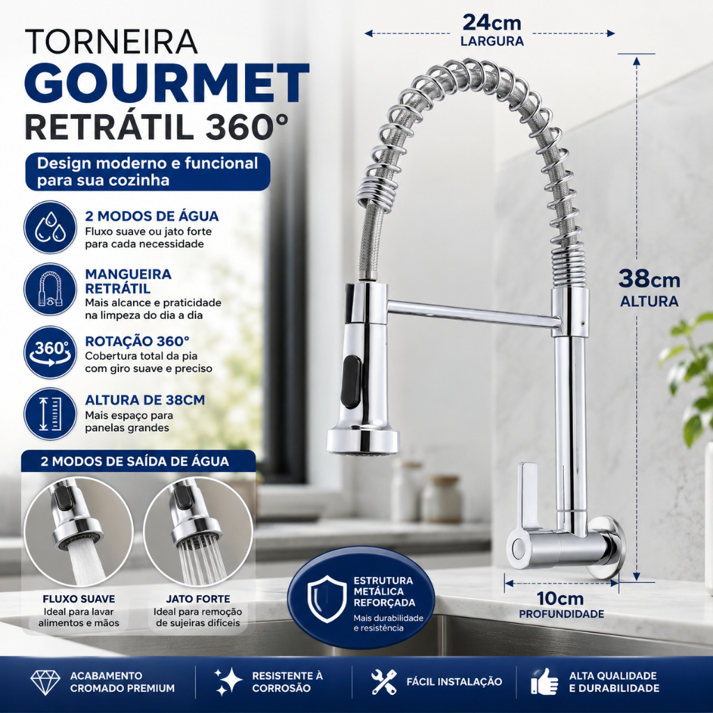 Torneira cozinha de aço inoxidável 304 montada na parede, com giro de 360°