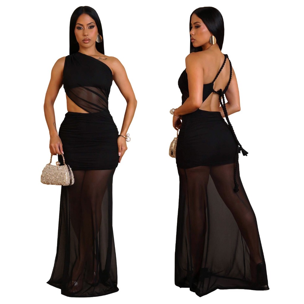Sexy festa bola clube banquete ombro inclinado transparente gaze Halter vestido