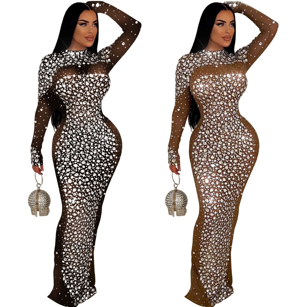 Sexy festa bola clube banquete gaze quente diamante vestido fino