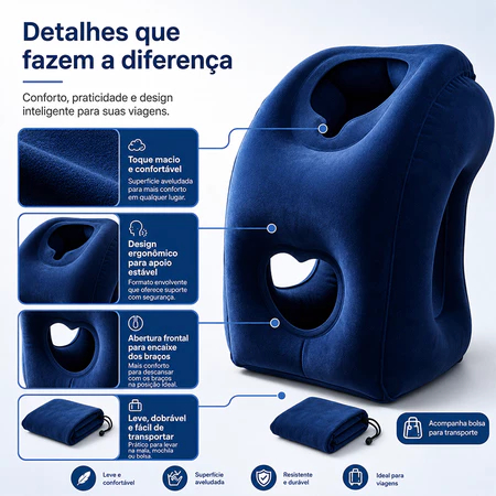 Almofada Apoio Inflável Avião Viagem Travesseiro Dormir-azul