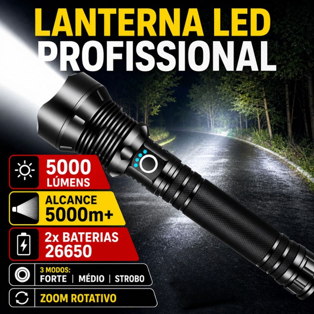 Lanterna LED P50/P90 Tática Recarregável 5000 Lúmens Zoom Longo Alcance 3 Modos 2x26650