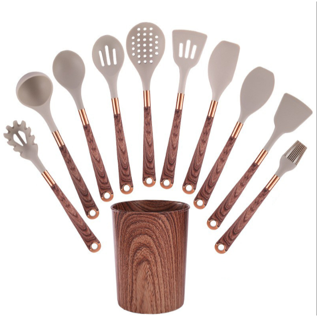 Kit Utensílios Cozinha Silicone 11 Peças Cabo Madeira Não Risca Panela Jogo Completo Com Suporte