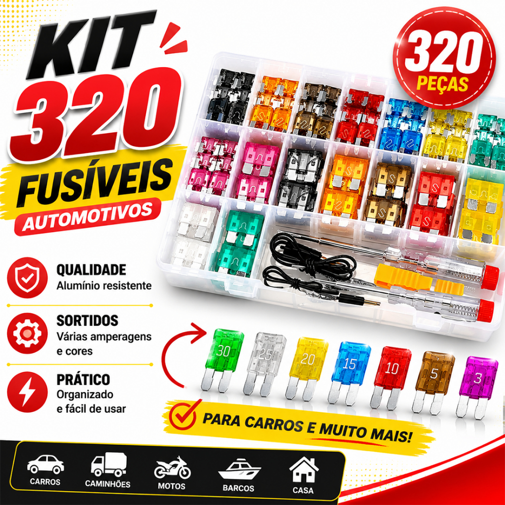 320 Peças Mini Fusível + Caneta de Teste Caixa de Fusíveis para Carro