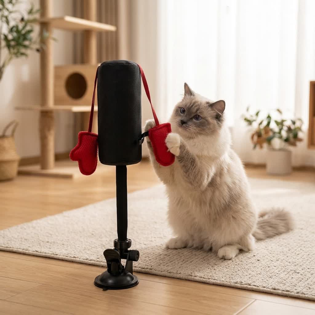 Boxing-Themed Cat Toys: Stand-Up Punching Bag with Suction Cups Durable Leather Cat Teaser, Cat Toys