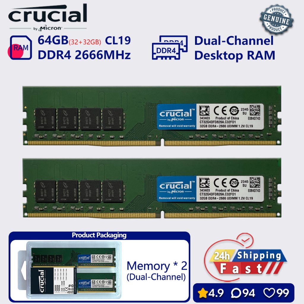 Crucial 16GB 32GB 64GB DDR4 2666 mhz Memória De Canal Duplo desktop UDIMM PC4 21300u RAM