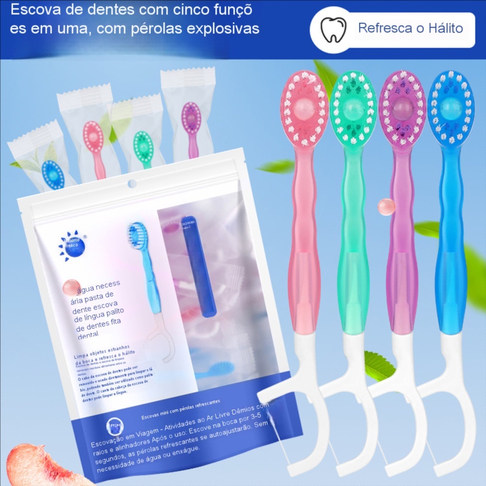 Mini Escova De Dentes Descartável 5 Em 1 Fio Dental Multifuncional-Refresca O Hálito , Limpa A Boca