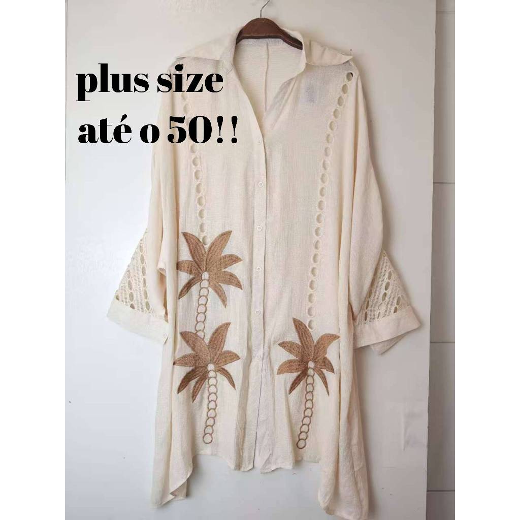 Leabay Camisa plus size feminina com bordado de coqueiro, tecido leve e respirável.moda plus size feminina, roupas plus.