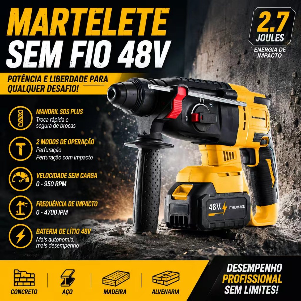 Martelete Perfurador Rompedor Martelo Rotativo Leve Sem Fio De Recarregável Tipo 26 48V , Versão De Bateria Dupla