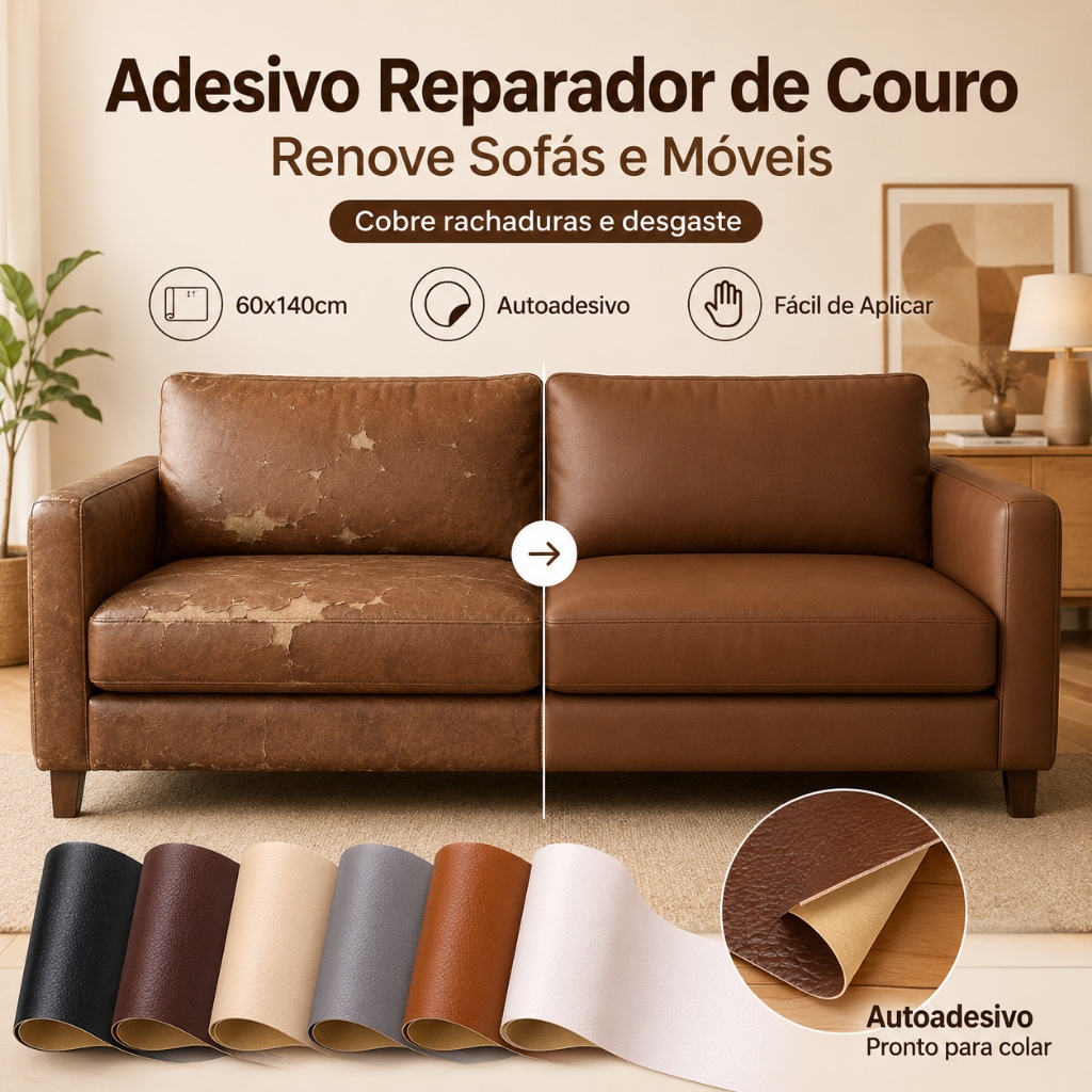 Adesivo Reparador de Couro Para Sofá e Móveis 60x140cm Autoadesivo Reforma Cadeira Poltrona