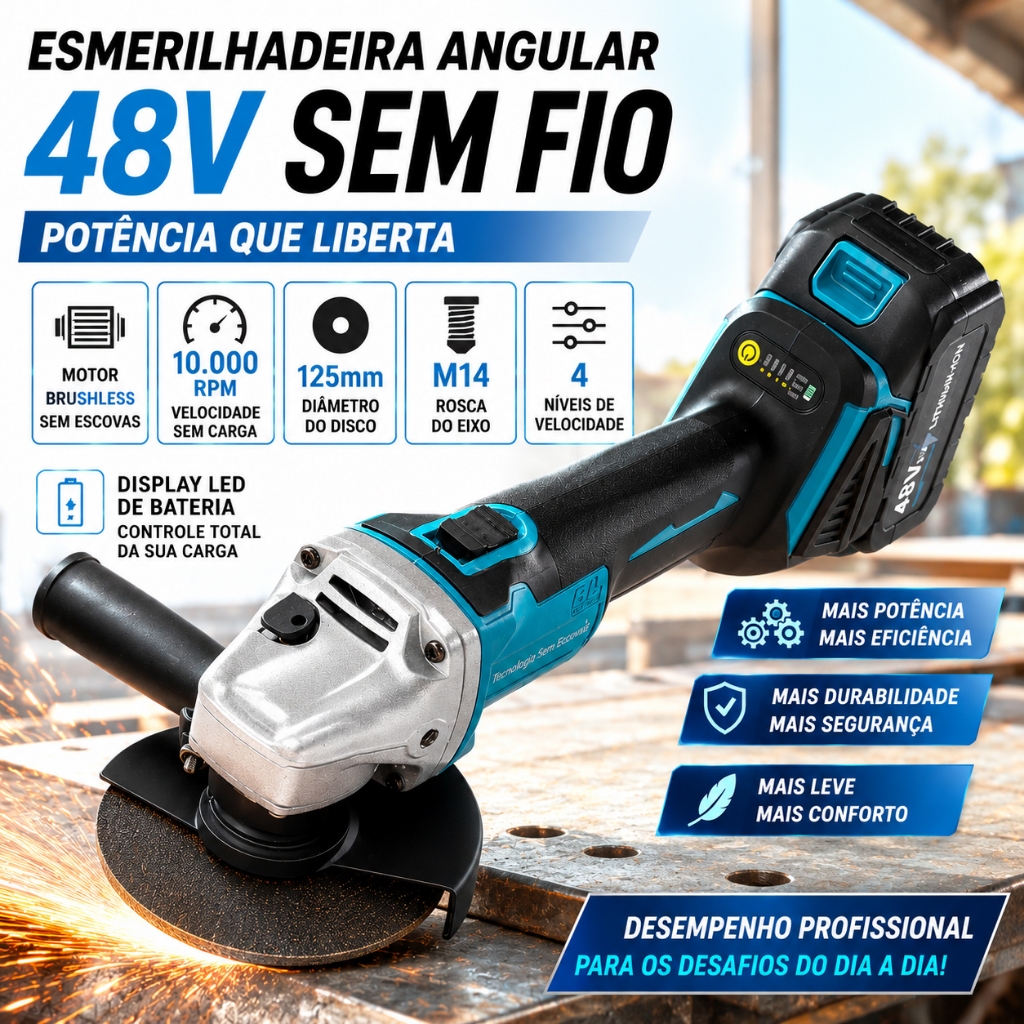 Esmerilhadeira Angular Sem Fio Brushless 48V Litio 2 Baterias 4 OU 3 Velocidades com LED