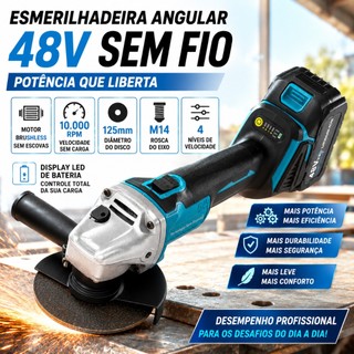 Esmerilhadeira Angular 4 Velocidades Sem Fio 125mm Brushless 48V Litio 2 Baterias LED