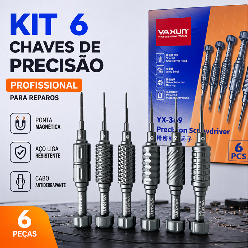 Kit 6 Chaves de Precisão Profissional Yaxun YX-369 Pontas Magnéticas para Celular Notebook Eletrônicos