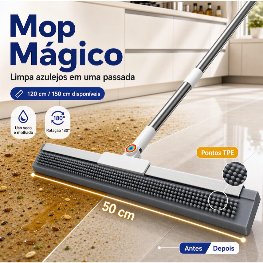 Mop Mágico Rodo de Silicone 50cm Pontos TPE Limpa Piso Banheiro Cozinha Sala 120/150cm Limpeza