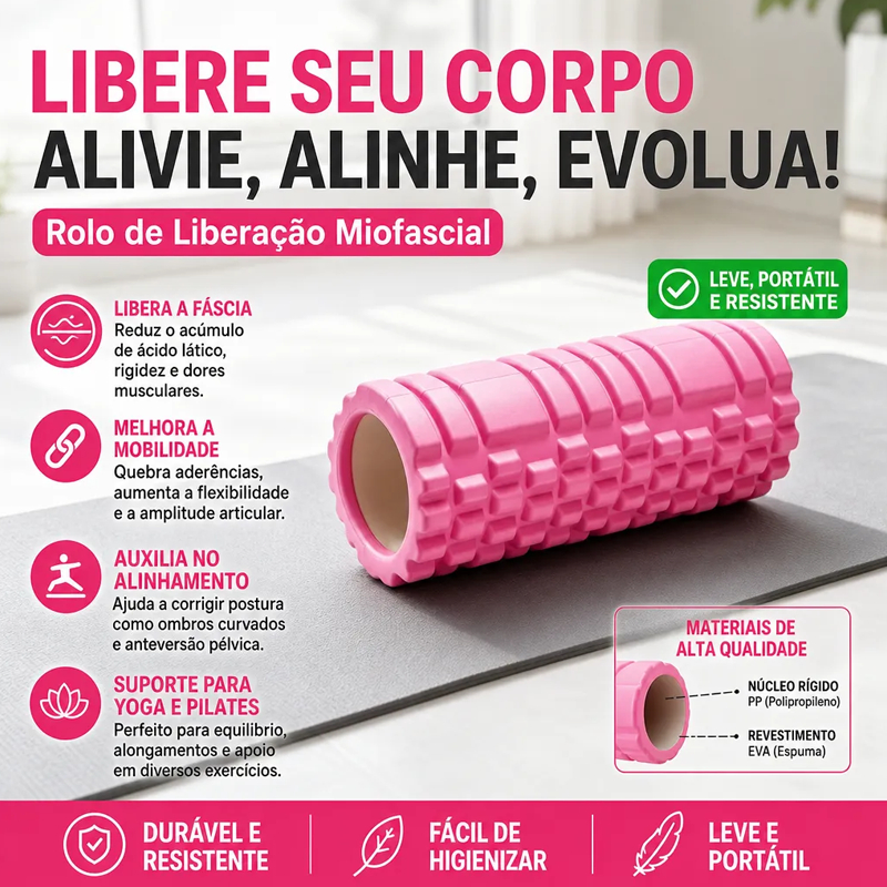 Rolo de Massagem Liberação Miofascial Foam Roller, Alívio Muscular Pós-Treino Para Yoga Pilates e Exercícios