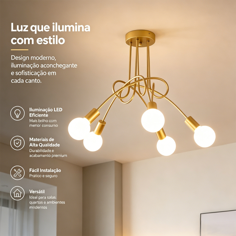 Luminária Pendente Dourada Design Curvado Moderno Soquete E27 Bivolt 110V-220V Ideal para Quarto e Sala