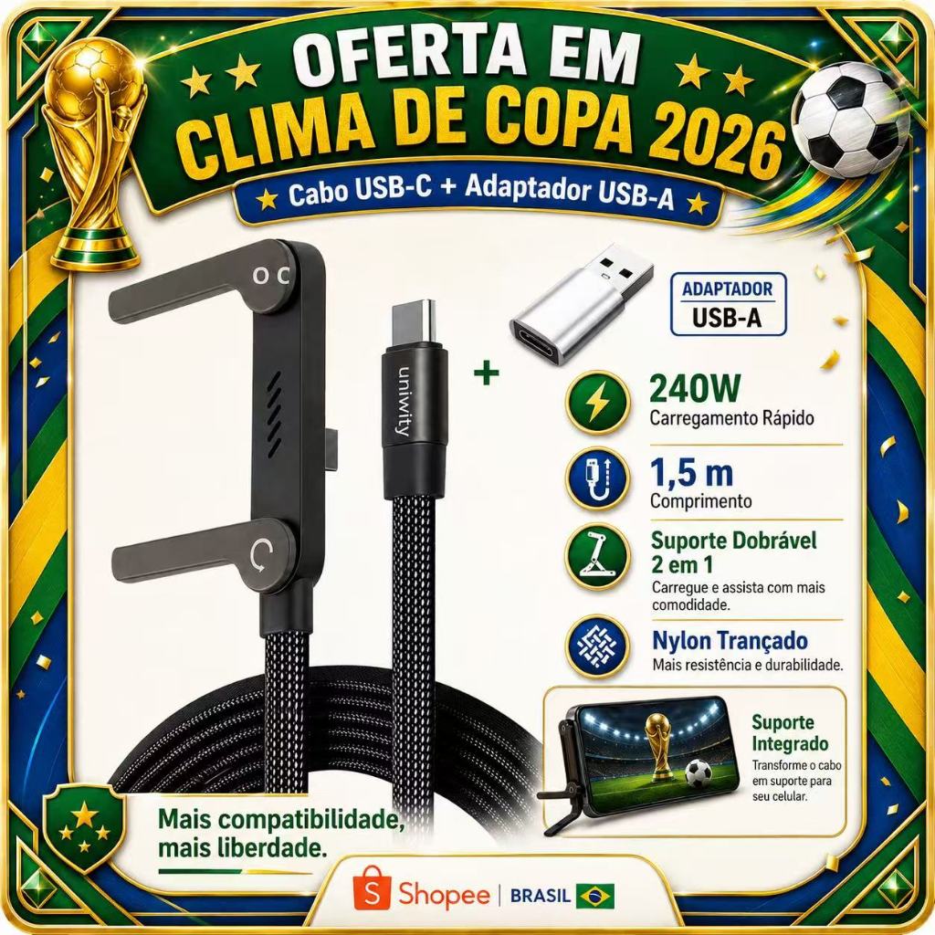 Cabo USB-C 240W Carga Rápida com Função Suporte para Celular e 6 Organizadores de Cabos para Mesa