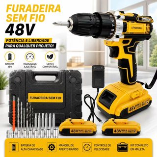 Parafusadeira Furadeira 48V Sem Fio com 2 OU 1 Bateria, Maleta de Transporte e Acessórios…