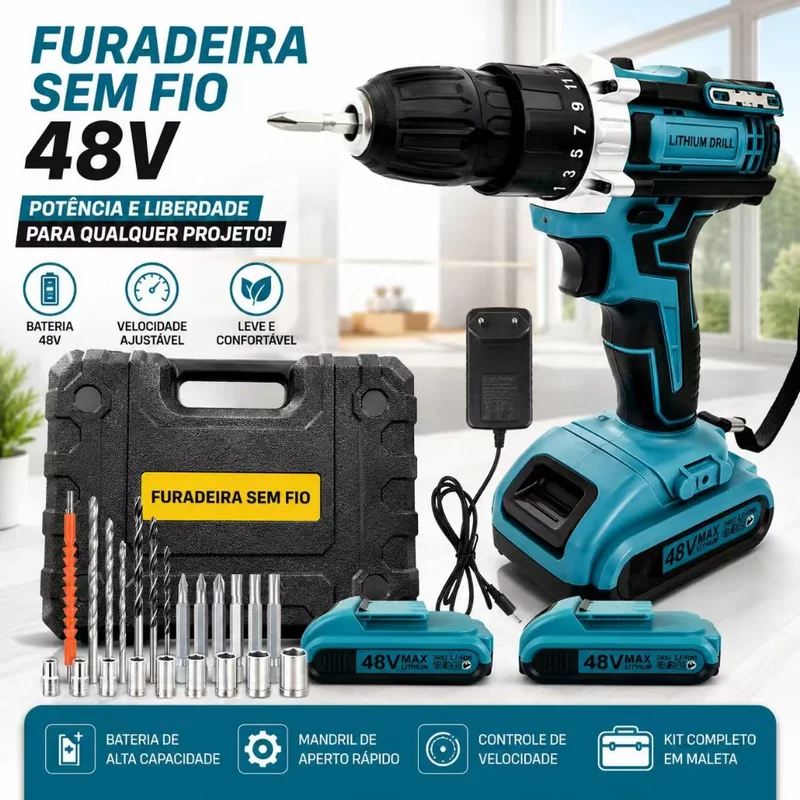 Furadeira Parafusadeira 48V com Bateria de Lítio Recarregável