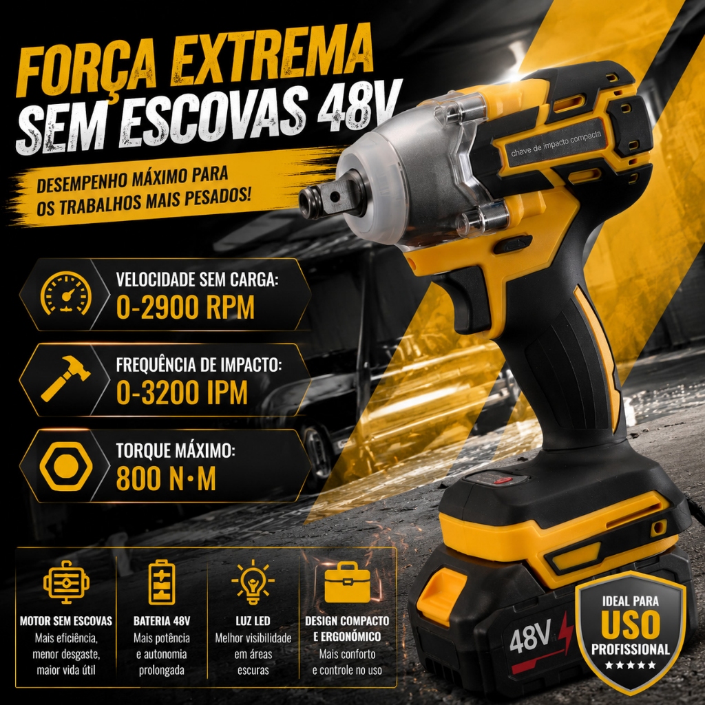 Chave De Impacto Sem Fio 48V , Portátil Robusto De 1/2 Polegada-Grau Profissional , Inclui 2 Baterias E Carregador De Te