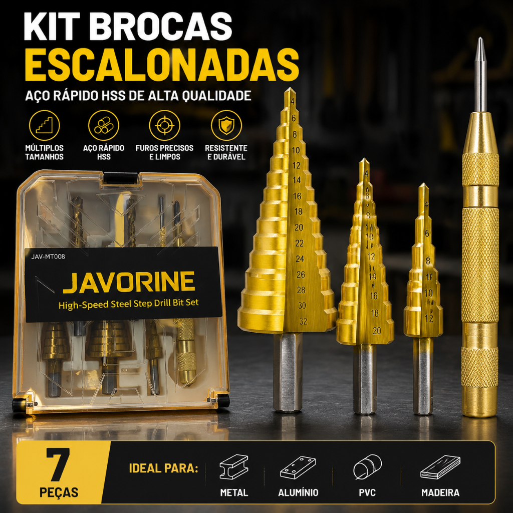 Kit 7 Brocas Titânio Escalonada Amarela Aço e Broca Corte Lateral Marcador Punção C/Estojo