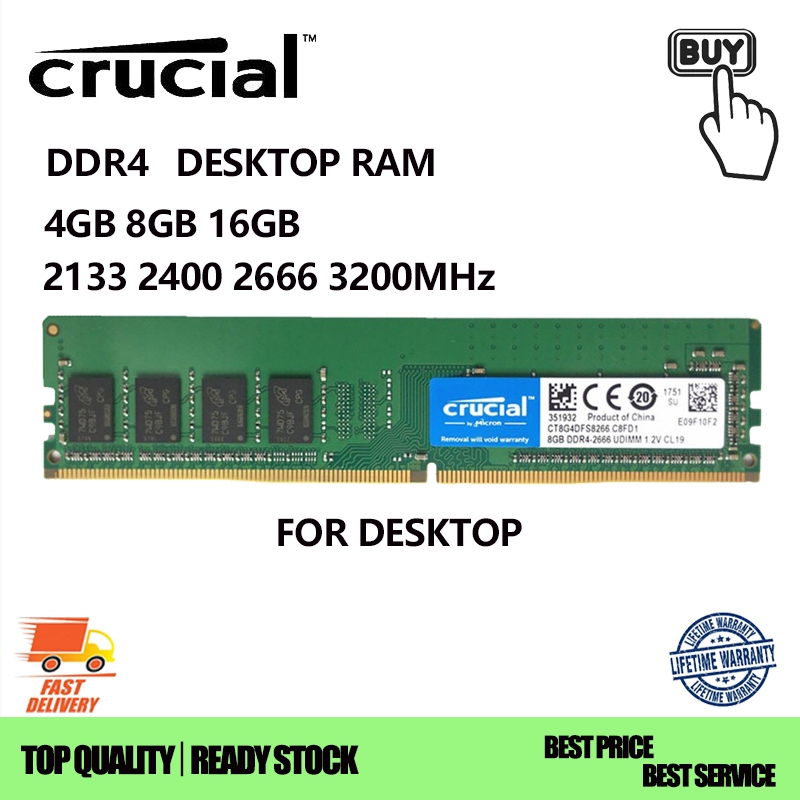 RAM De Mesa Crucial DDR4 1.2V 2133/2400/2666/3200MHz 4/8/16GB UDIMM CL15 Memória