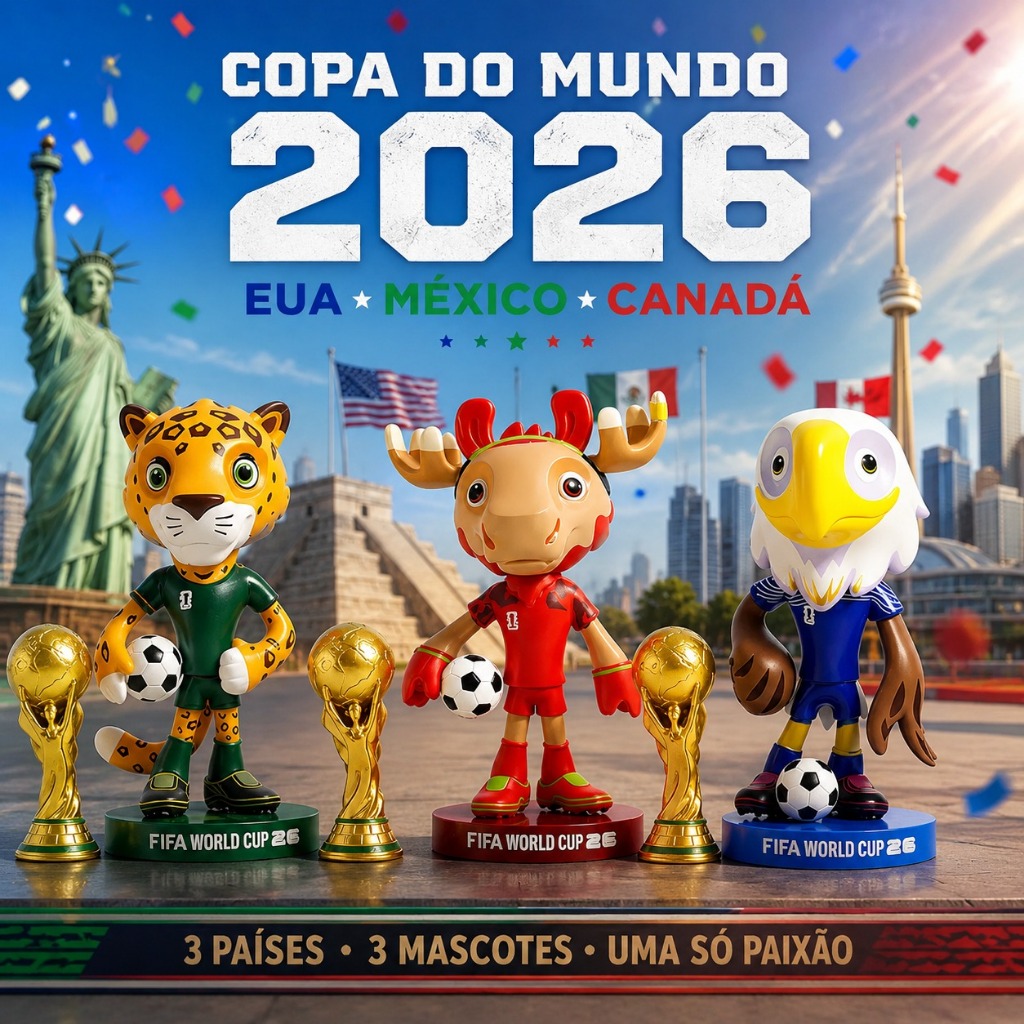 Boneco Mascote Copa do Mundo 2026 Colecionável Futebol EUA México Canadá com Base