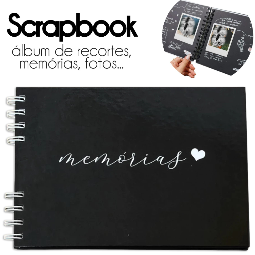 Álbum de Fotos Scrapbook A5, Folhas Pretas 180g, Tamanho 21,5cm x 15cm