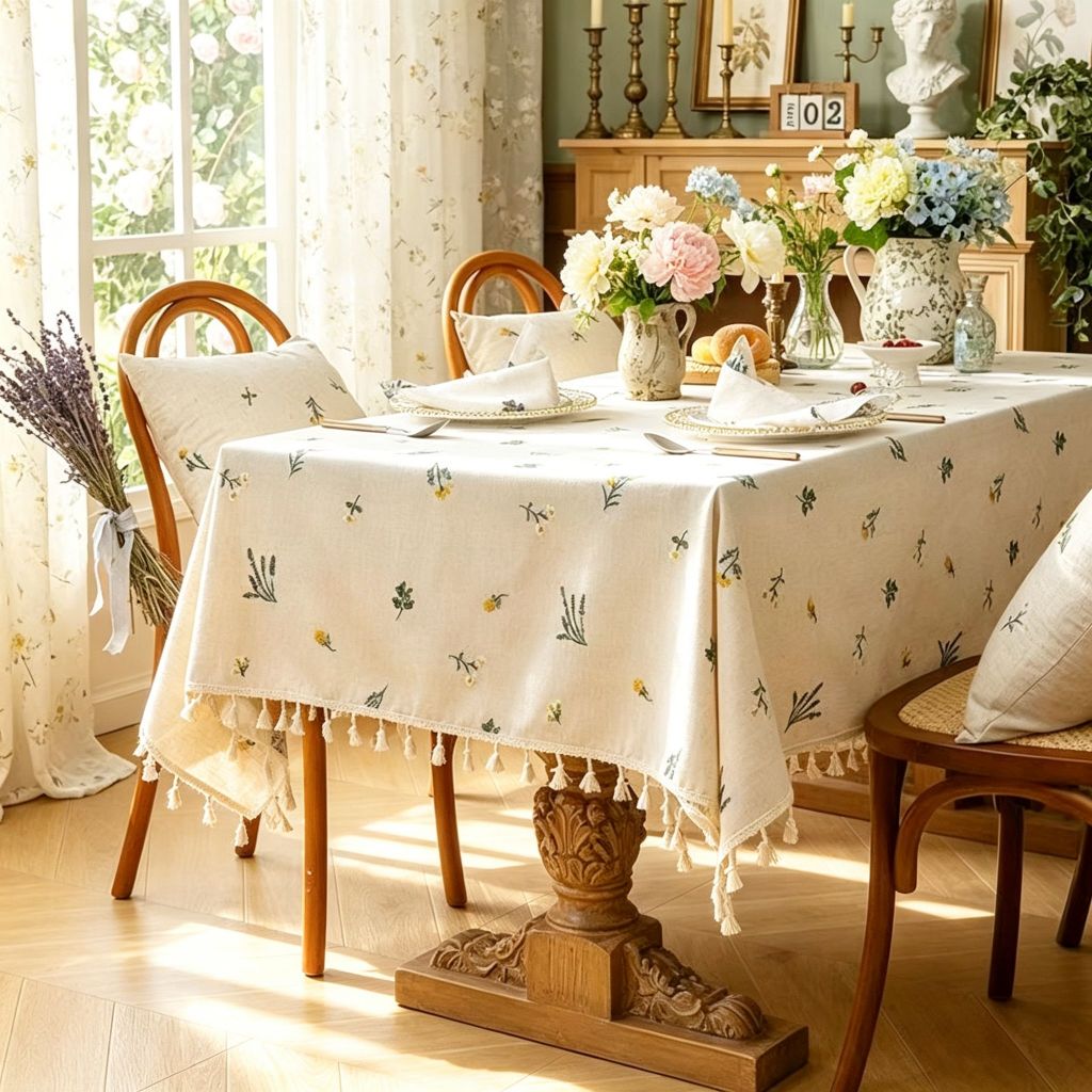 Toalha De Mesa Bordada Mistura Linho Poliéster Estilo Boho Campestre Francês, Decoração Artesanal Com Borla Para Sala De
