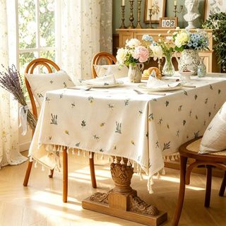 Toalha De Mesa Bordada Mistura Linho Poliéster Estilo Boho Campestre Francês, Decoração Artesanal Com Borla Para Sala De