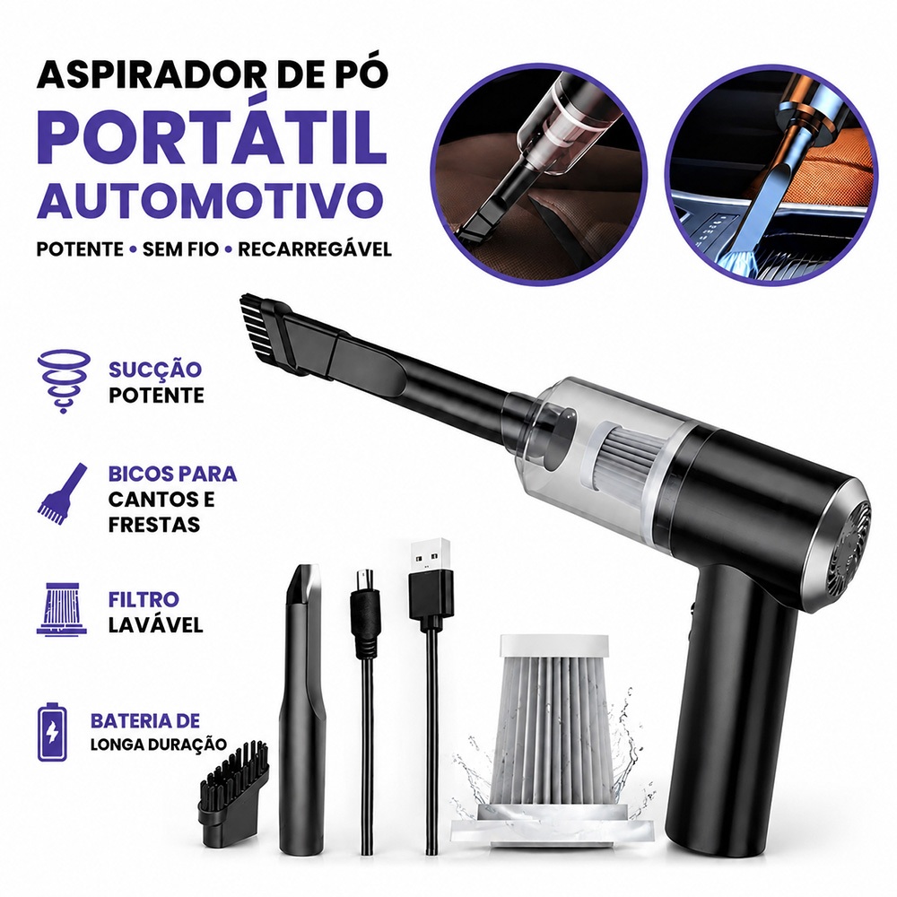 Aspirador de Carro Portátil Sem Fio Recarregável USB 3 em 1 Alta Sucção 9000Pa Filtro Lavável Automotivo Mini