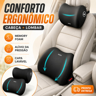 Almofada Cabeça e Lombar para Carro – Conjunto Veicular, Apoio Banco Espuma de Memória