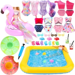 Conjunto De Jogos De Piscina De Bonecas De 30 Peças , Roupas E Acessórios De Boneca Incluem Praia , 3 Flutuadores , 5 Co