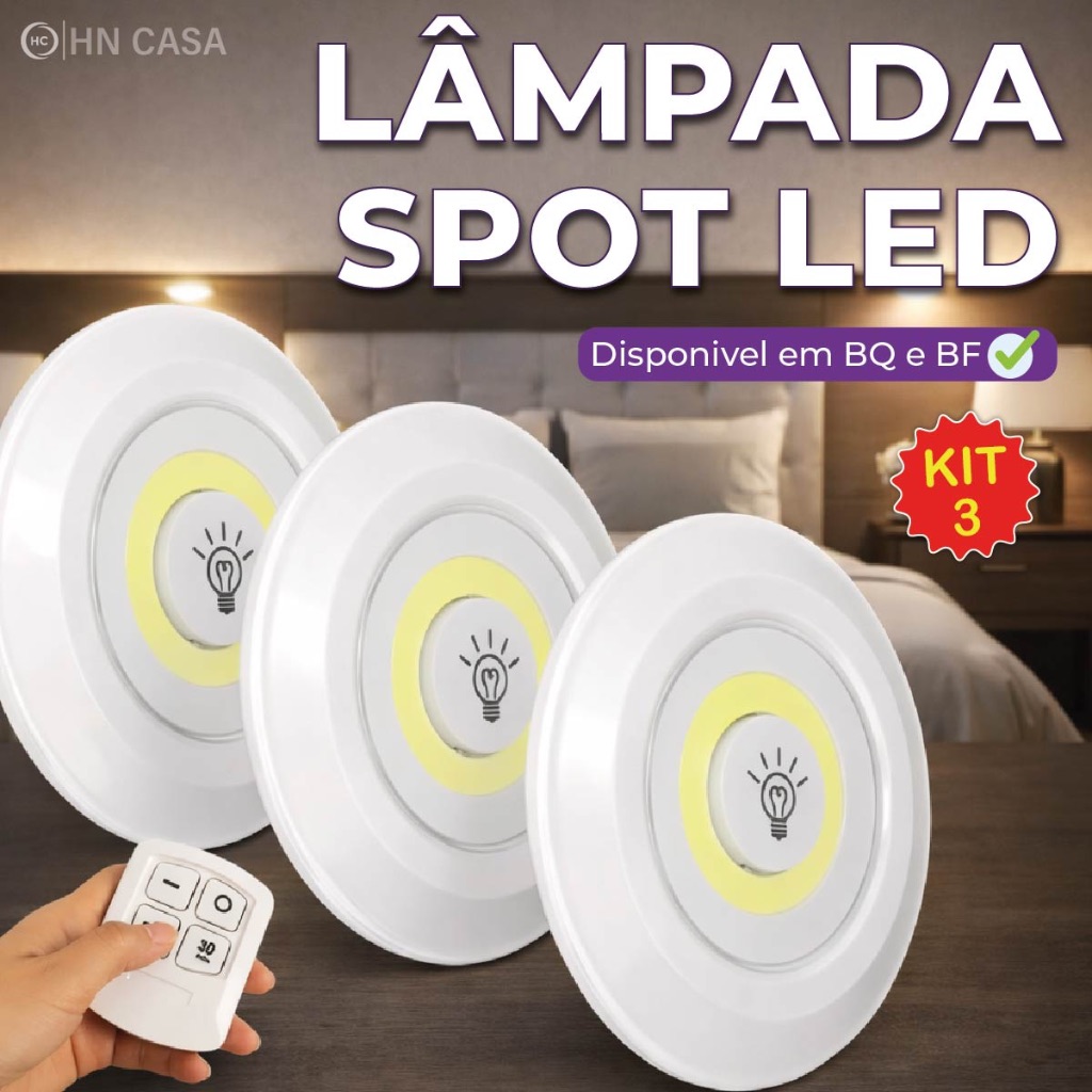 Kit 3/6/9/12 Luminária Spot Led Redondo Com Controle Luz Fria ou Quente Auto Colante Bivolt