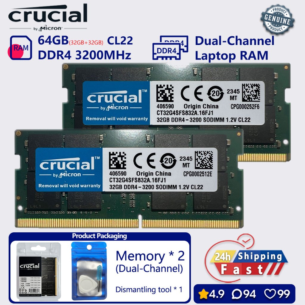 Crucial 16GB 32GB 64GB DDR4 3200 mhz Memória De Canal Duplo laptop SODIMM PC4 25600s RAM