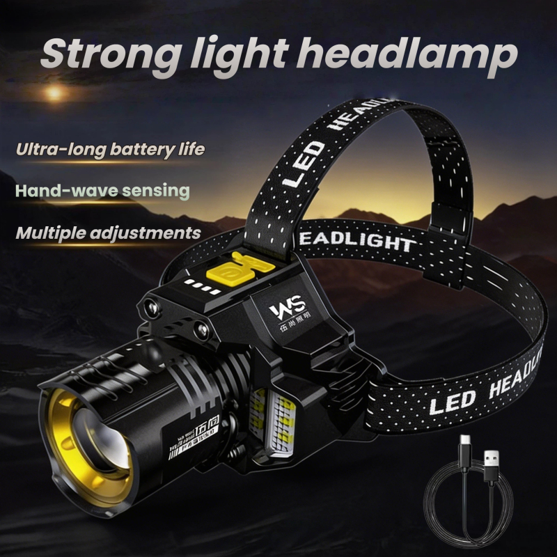 Super bright LED headlamp with motion sensor, rechargeable COB headlamp, high-power outdoor fishing, camping and running