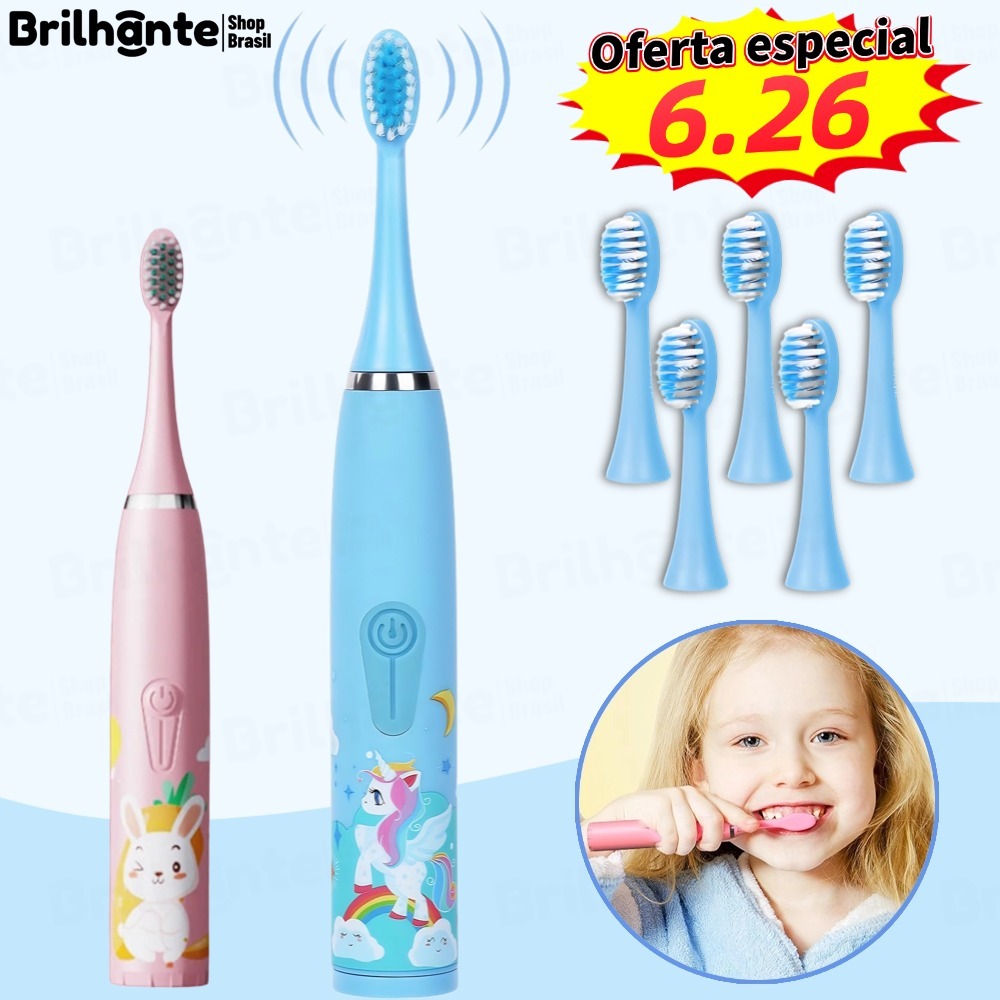 Escova Dental Elétrica Ultra-Sônica Para Crianças Acústica Onda Fofa Cabelos Suaves Dupla Face Limpa Cuidados
