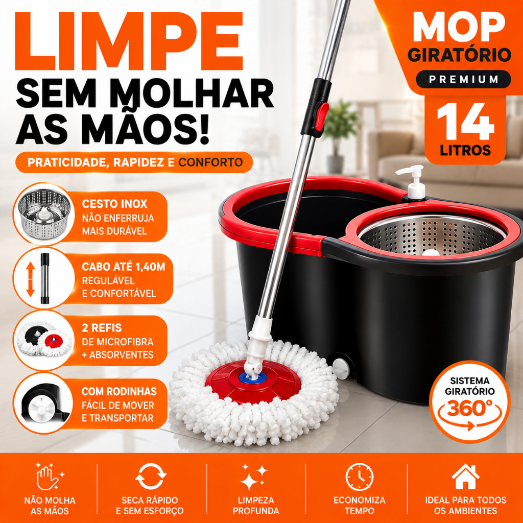 Mop Giratório Aço Inox Cesto 14L Cabo 140cm 2 Refis Cesto Giratório Mop Limpeza Profissional
