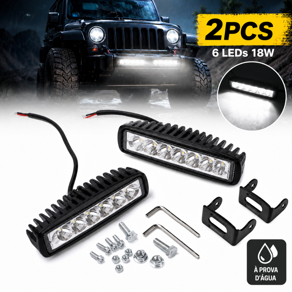 Par Farol de Milha Auxiliar Barra Universal Carro 6 Leds 18w 12v 6000k A prova d'água Off Road Moto Carro Caminhão suv