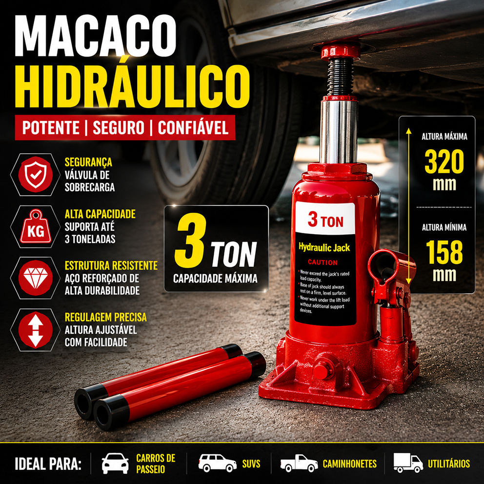 Macaco Hidráulico Garrafa 3 Toneladas Elevação