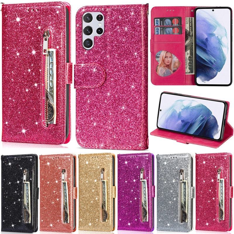 Capa Com Zíper Para Samsung Galaxy S25 FE A57 A37 A17 A07 A26 A16 A06 S26 Ultra S25 S24 S26 + S25 Edge Glitter Carteira 