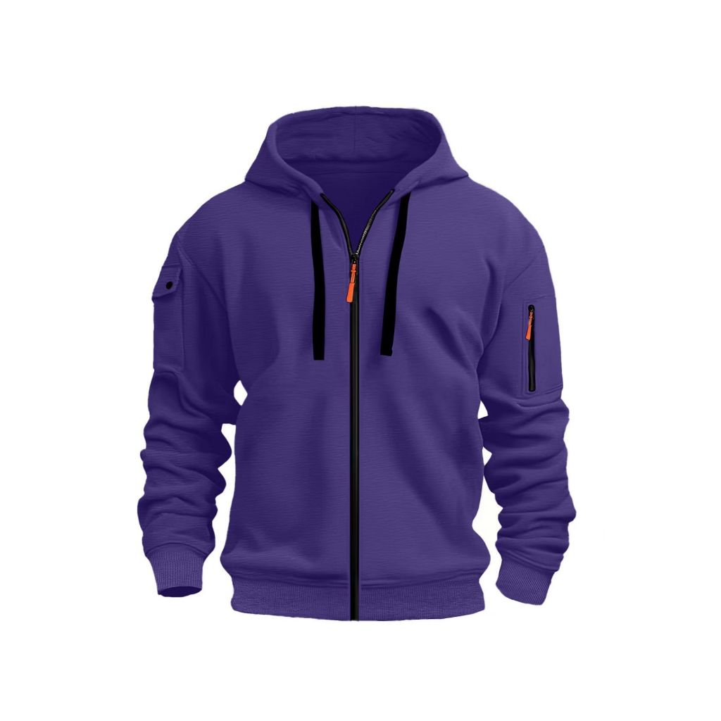 Moletom masculino roxo poliéster com capuz e zíper cardigã com vários bolsos moletom Casual
