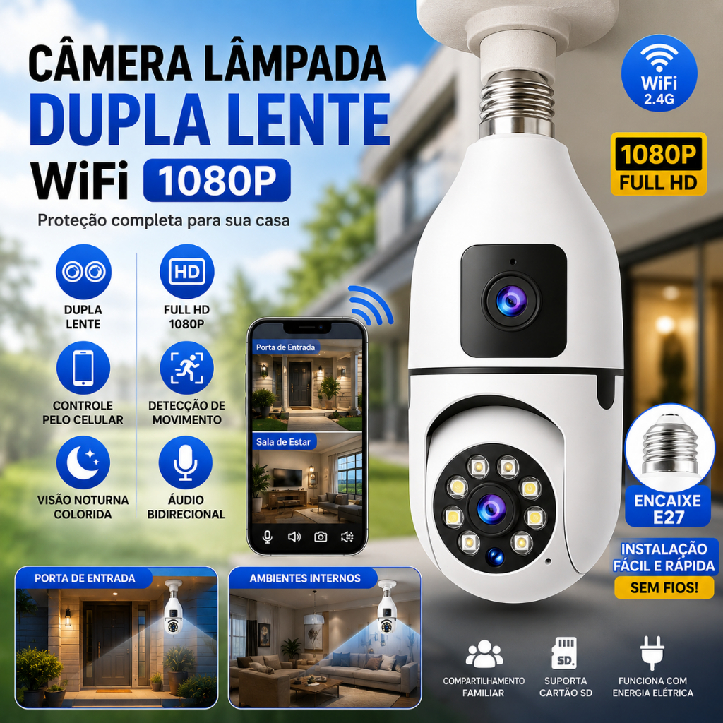 Lâmpada Para Câmera WiFi 360 ° Lente Dupla E27 Com Visão Noturna , Microfone Embutido Full HD 1080p