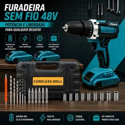 Parafusadeira Furadeira Sem Fio 48V Com Caixa De Bateria E Acessórios Completos