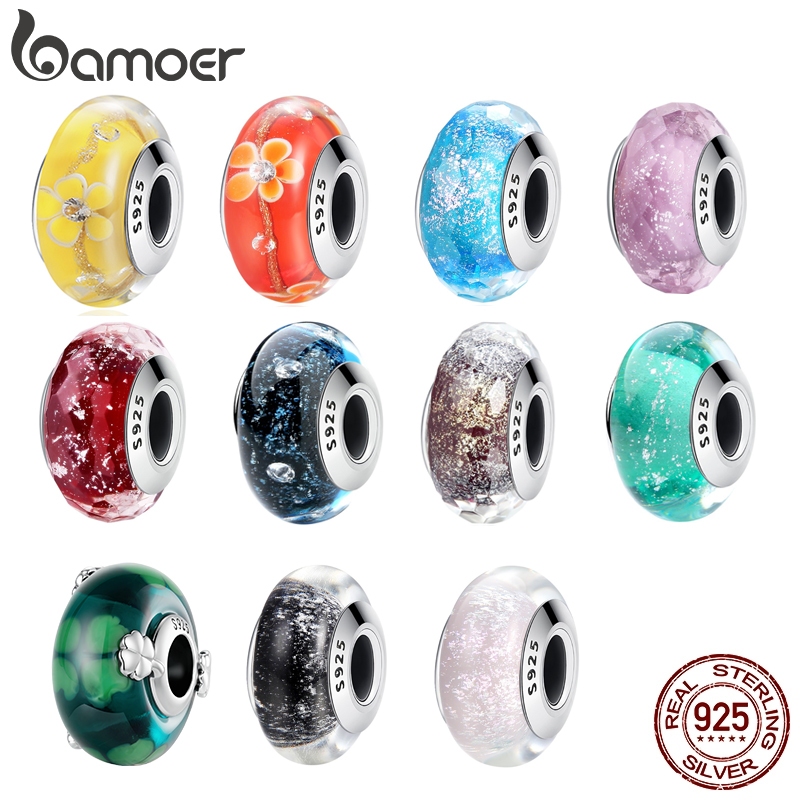 Bamoer Europeu Padrão Murano Glass Charme Beads fit Mulheres Pulseiras & Bangles 925 Prata Esterlina