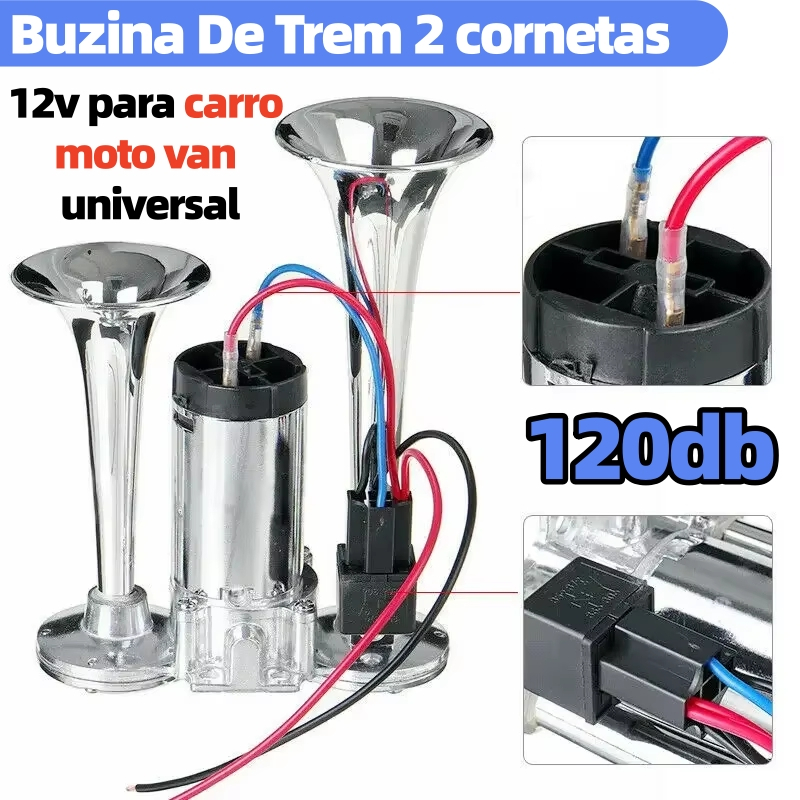 Buzina Automotiva Maritima 2 Cornetas Cromada Com Compressor Embutido 12v Universal