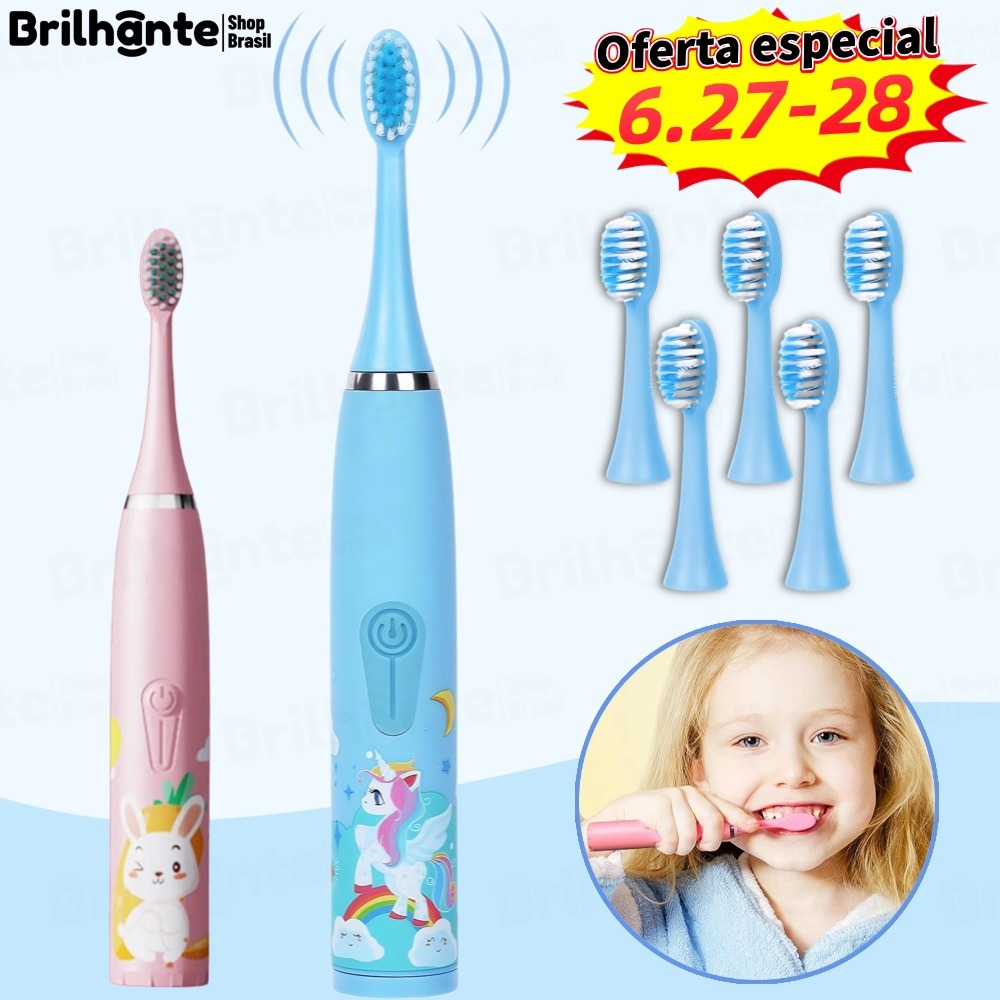 Escova Dental Elétrica Ultra-Sônica Para Crianças Acústica Onda Fofa Cabelos Suaves Dupla Face Limpa Cuidados