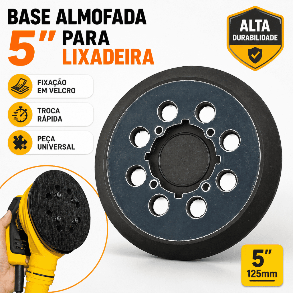 Base Almofada para Lixadeira Roto Orbital 5 Polegadas, Disco de Velcro para Lixadeira Elétrica